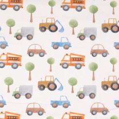 Baumwolljersey Digital Fahrzeuge blau/ocker by Little Darling 
